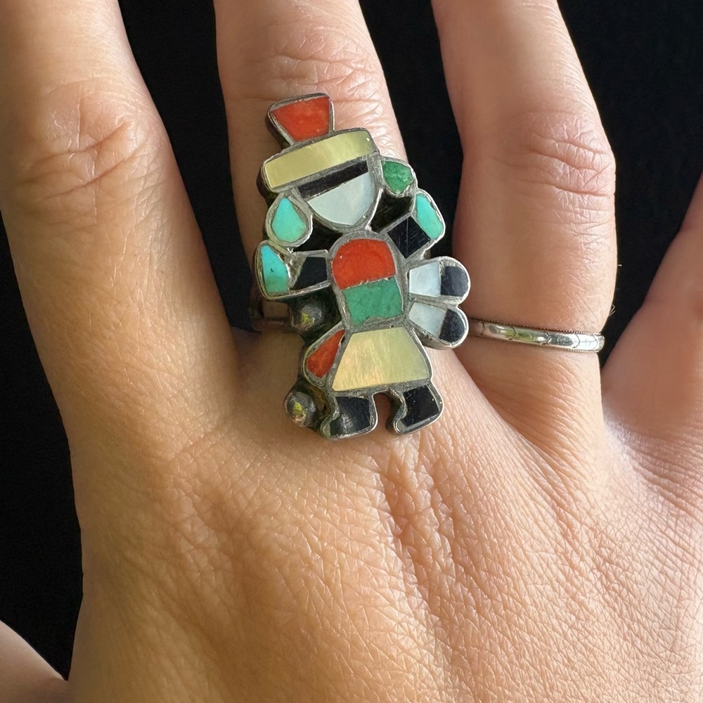 Sterling Silver Zuni Kachina Dancer Ring Turquoise Mop onyx  coral inlay